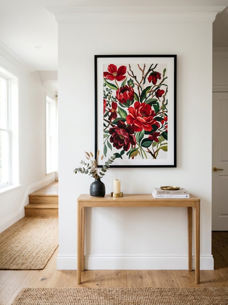  Beautiful hallway with large red floral wall art print black frame white wall slim console table and candle.
