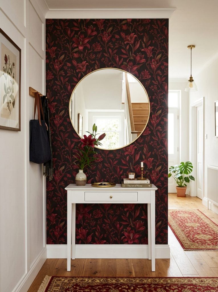 Beautiful hallway with dark red flower wallpaper white console table gold mirror and single lily vase