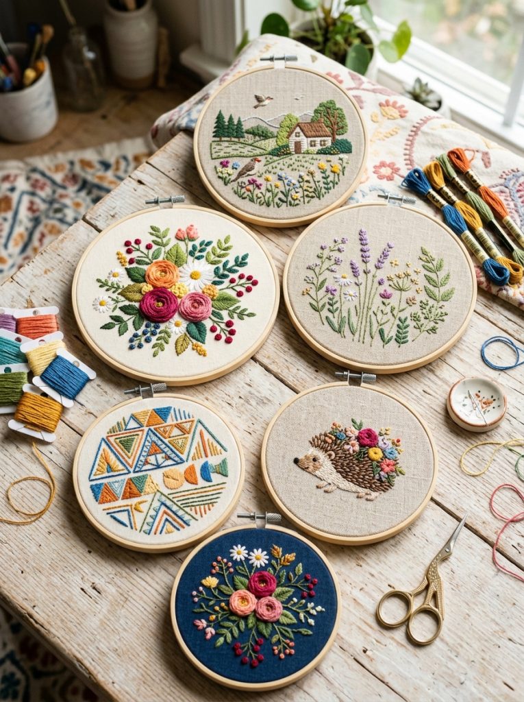 Beautiful hand embroidery in hoops with botanical floral geometric and nature scene designs showing hand stitching variety and beauty P