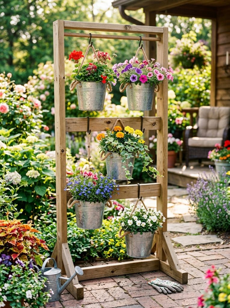 DIY hanging bucket planters on wooden stand frame with galvanized metal buckets holding colorful flowers