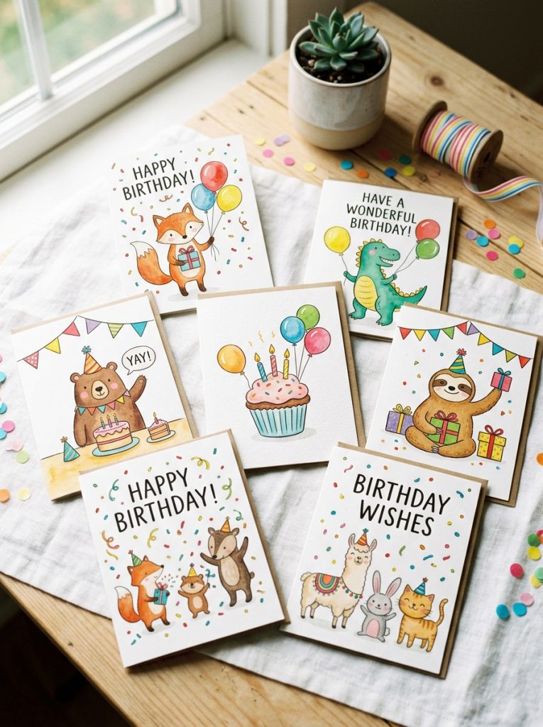 Adorable cute happy birthday cards with character designs celebration illustrations confetti balloons and sweet animal designs