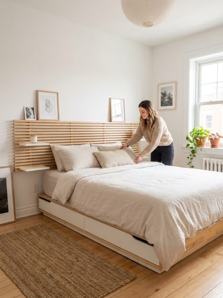 Slim low profile DIY headboard mounted directly to wall in small bright bedroom saving floor space
