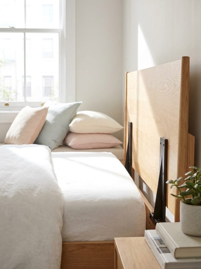 Headboard mounting brackets attached to bed frame with wood headboard securely connected in bright bedroom