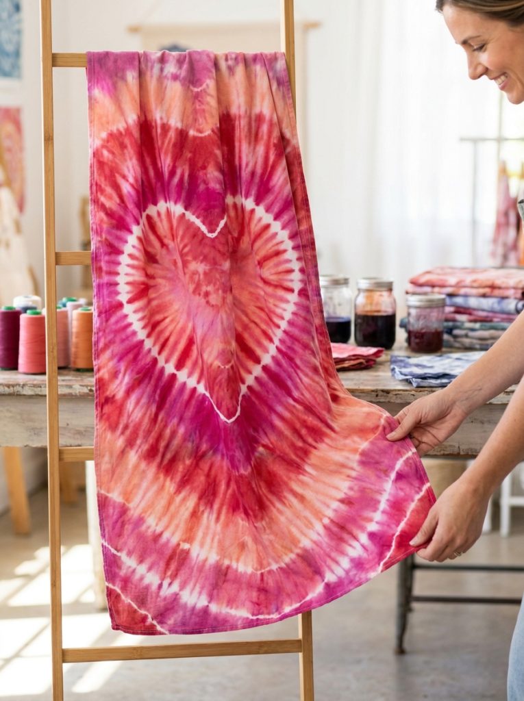Beautiful heart tie dye pattern with crisp heart outline in pink red tones created through careful folding and binding technique
