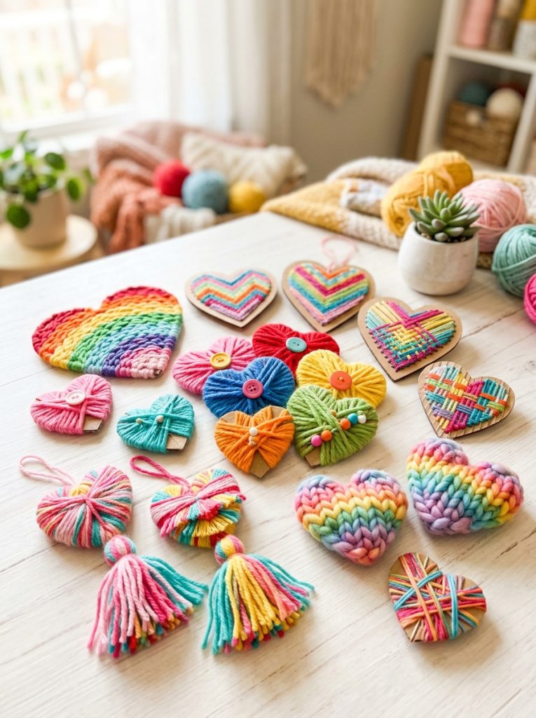 Adorable heart yarn craft projects for kids with wrapped cardboard hearts woven designs tassel hearts and finger-knitted hearts in bright colors