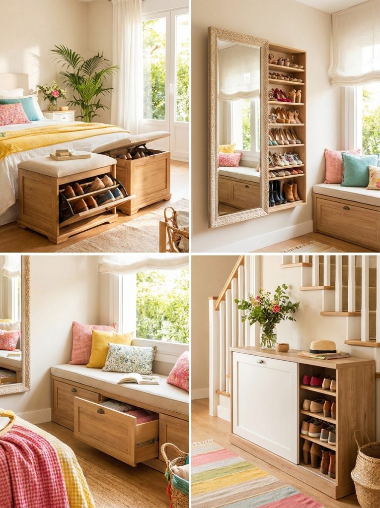 Beautiful hidden shoe storage with ottomans mirror cabinets and furniture with concealed compartments creating invisible shoe storage
