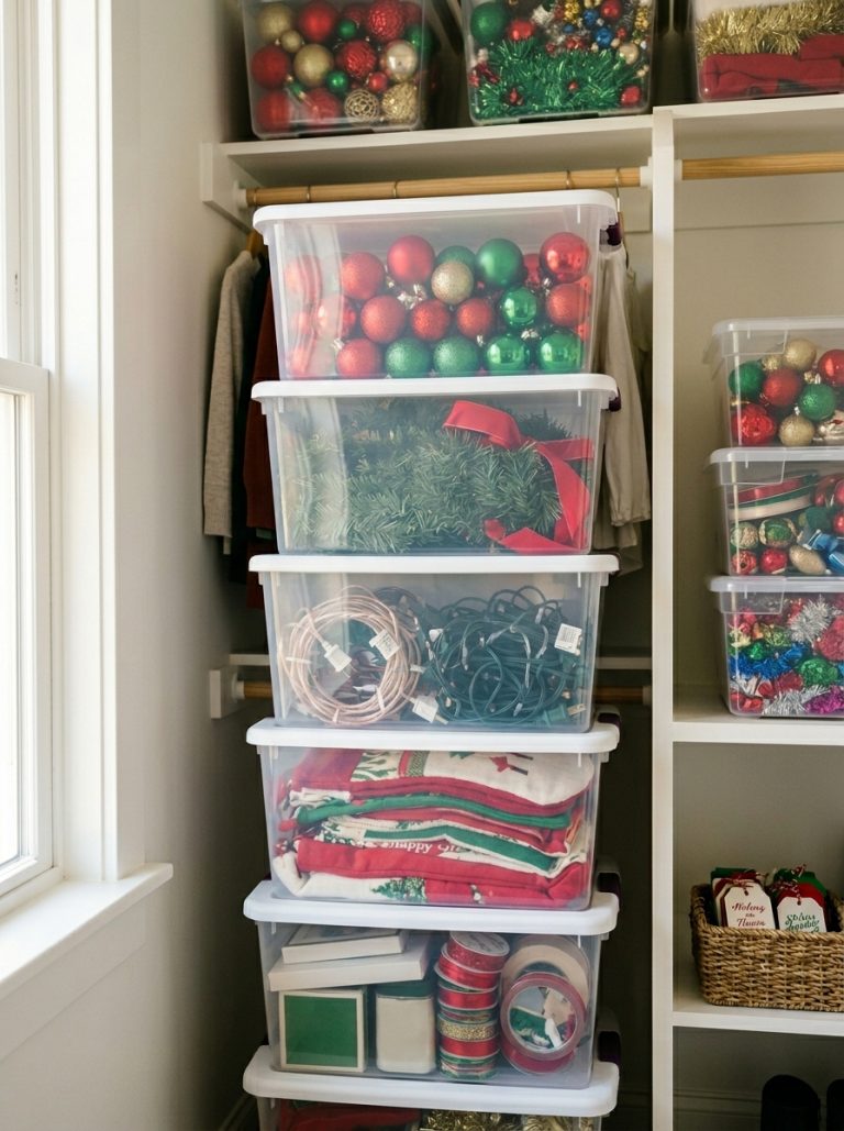 Neatly organized holiday decor storage bins and labeled totes stacked in clean closet