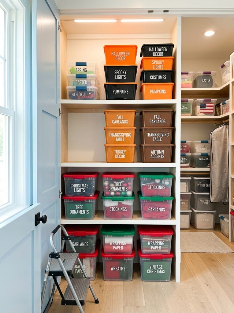 Holiday storage closet with shelves organized by season showing labeled bins for Christmas Halloween Thanksgiving