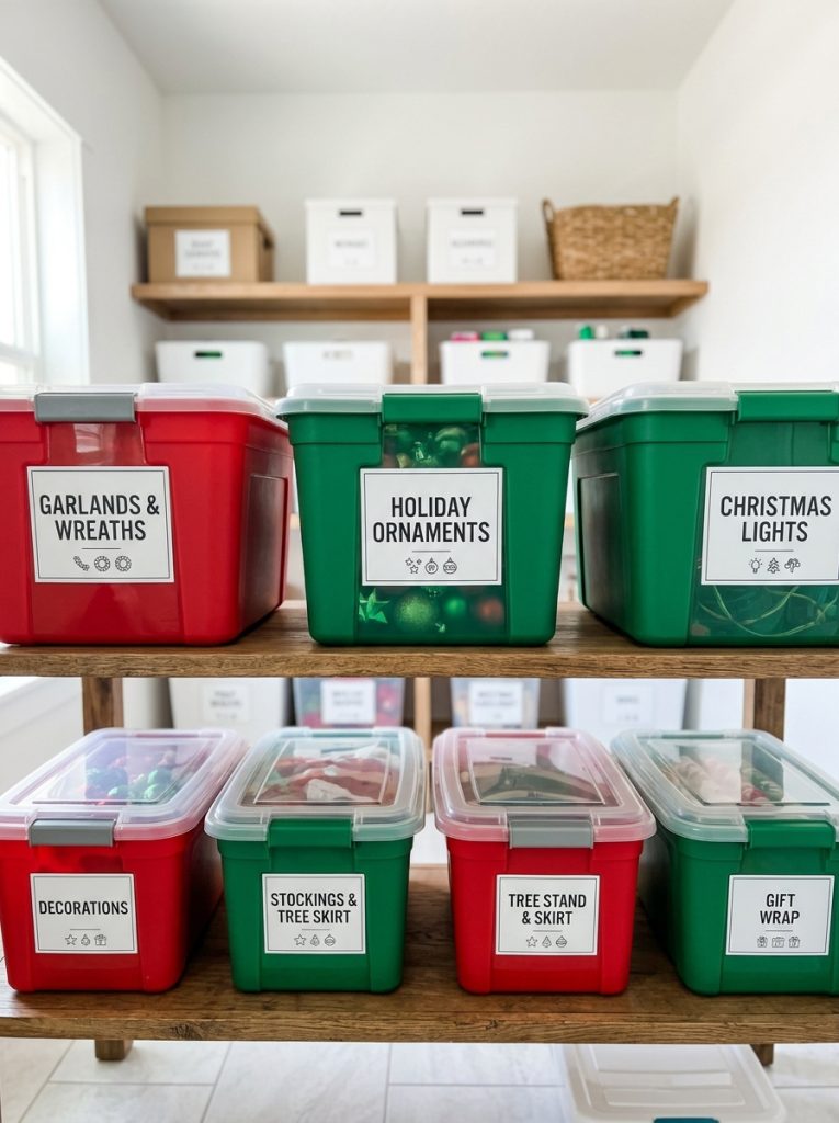 Holiday storage containers with clear printed labels for ornaments lights and garlands on neat shelf