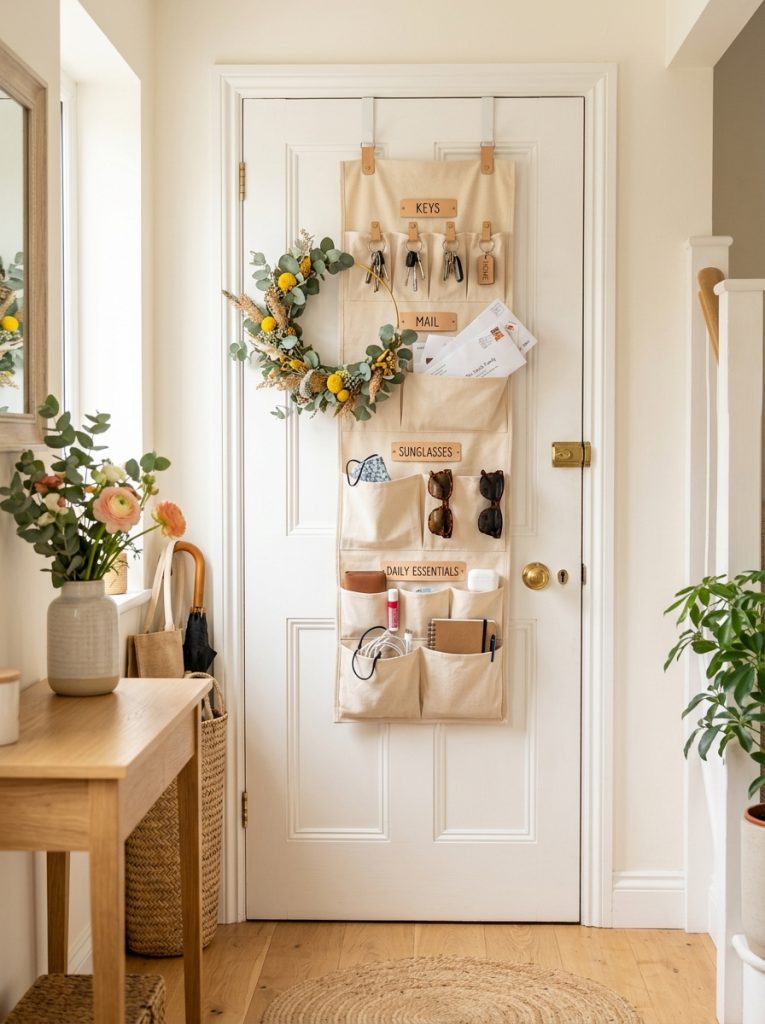 Home entrance door over door organizer holding keys mail sunglasses and everyday carry items