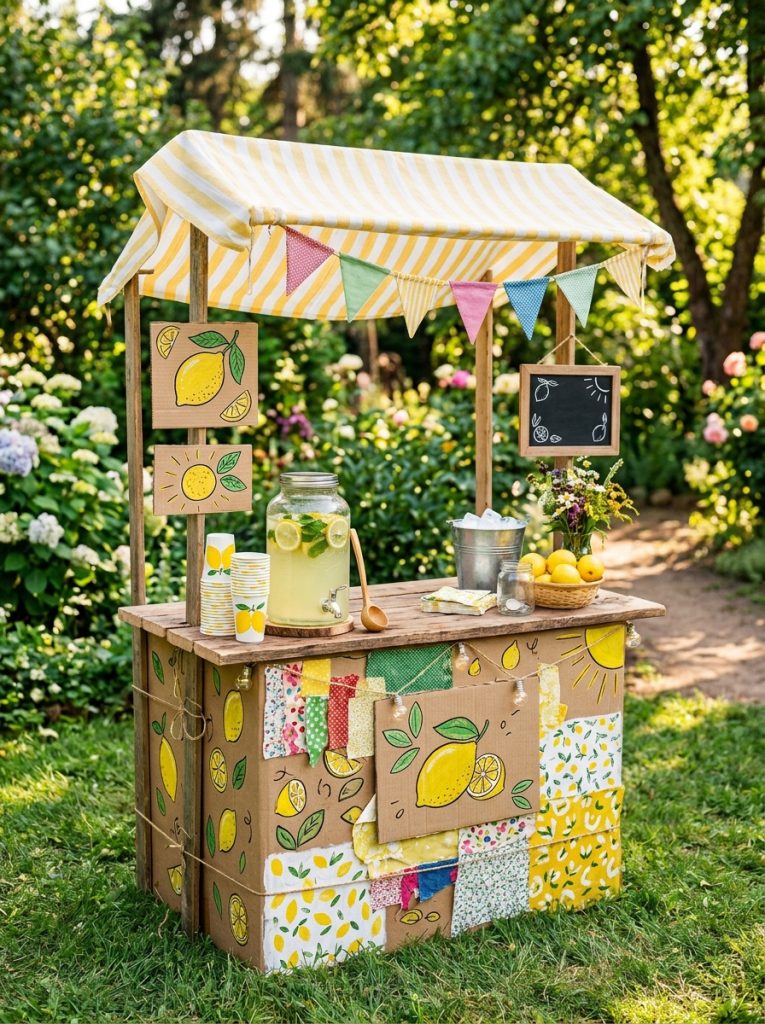 Charming homemade lemonade stand DIY from household materials cardboard box wooden planks decorated cheerfully as complete cheap stand