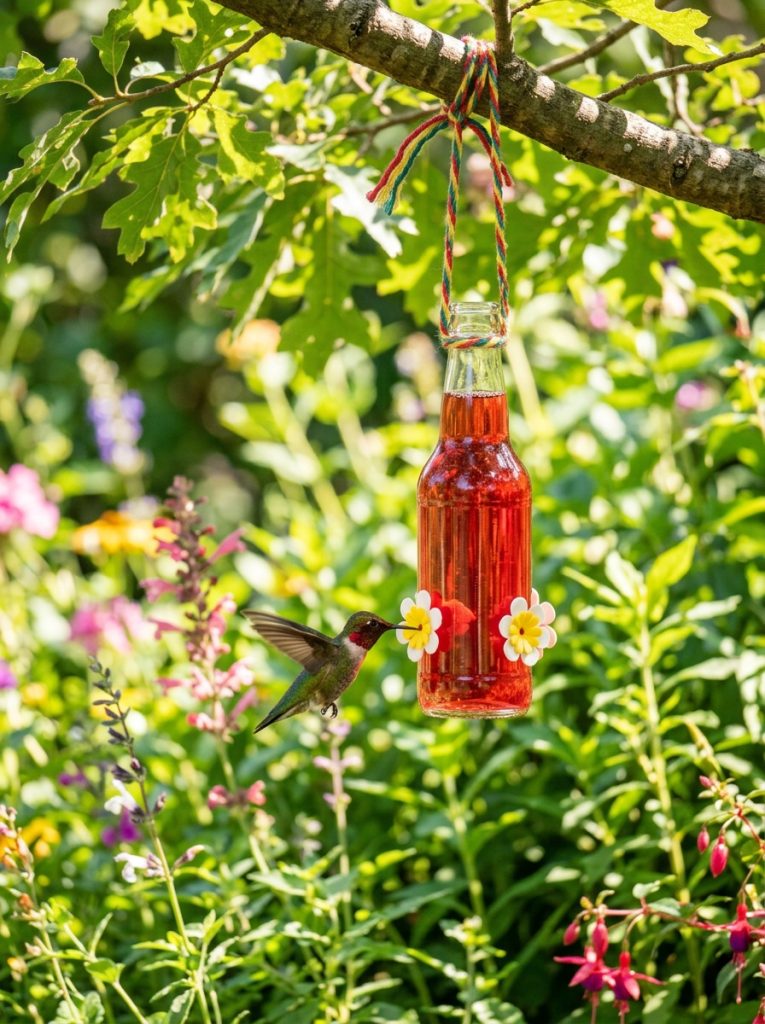 DIY hummingbird feeder made from small red soda bottle with feeding ports hanging from garden tree