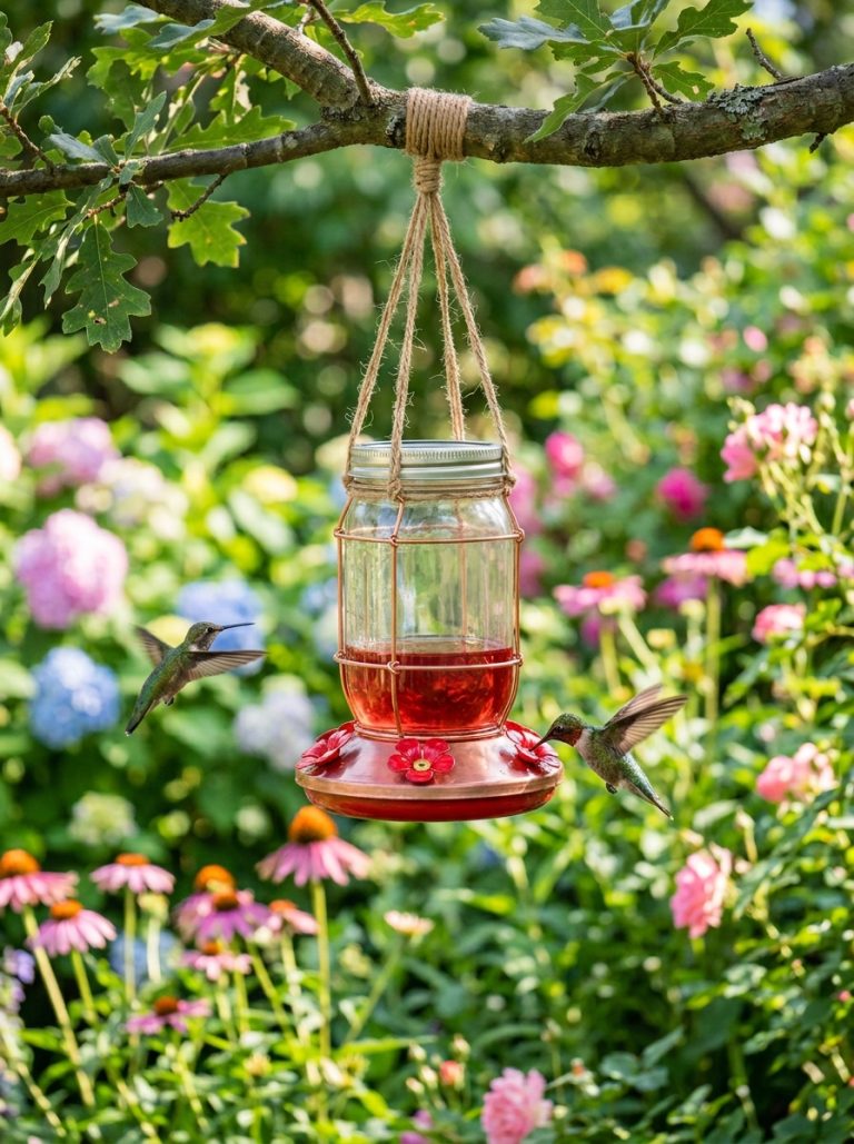 DIY mason jar hummingbird feeder hanging from garden tree branch with red feeding ports