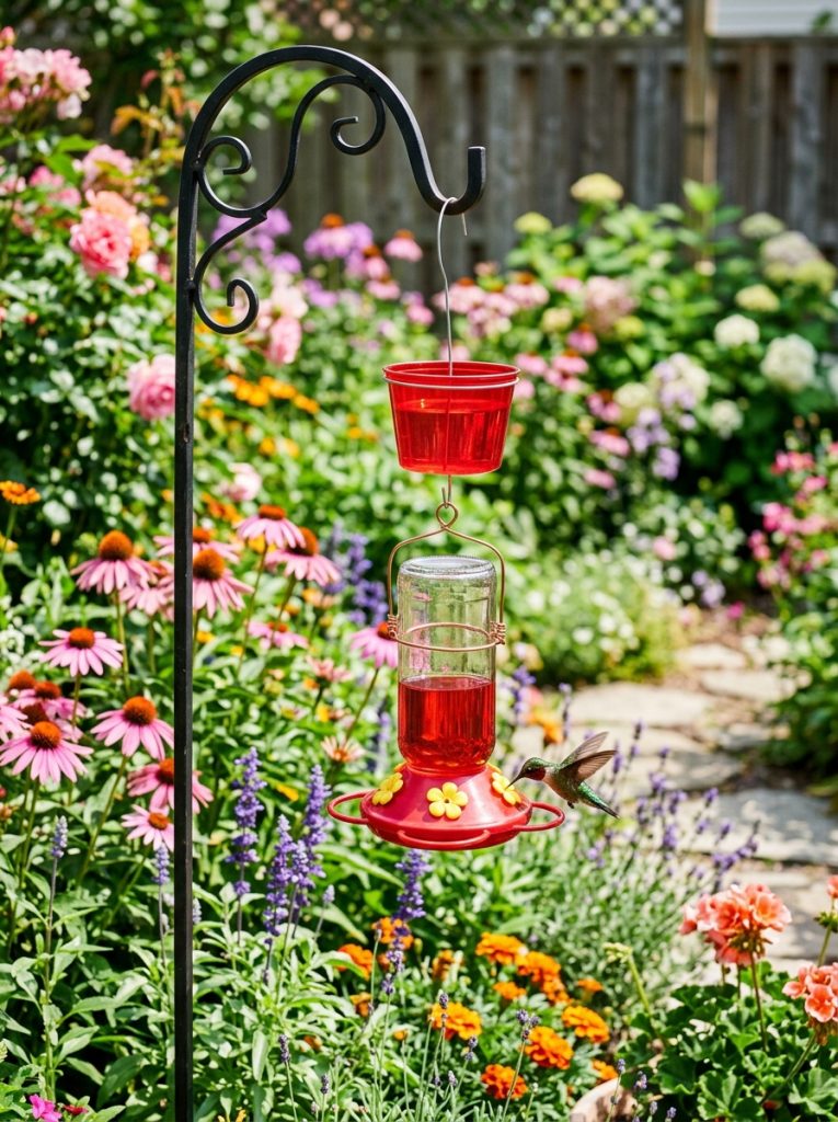 DIY hummingbird feeder hanging from garden hook with red ant moat cup above feeder on wire