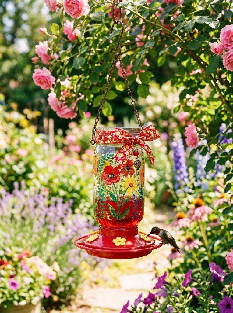 Cute DIY hummingbird feeder with painted flowers and red accents on mason jar with ribbon in garden