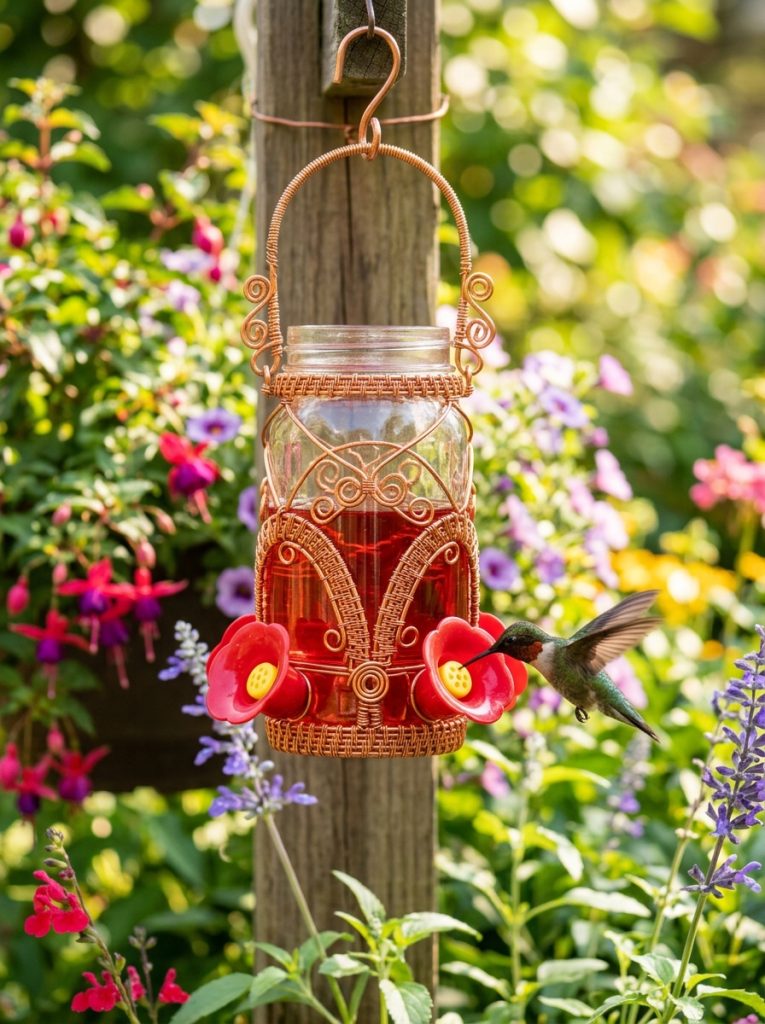 DIY hummingbird feeder with decorative copper wire wrapping around glass jar with red feeding ports