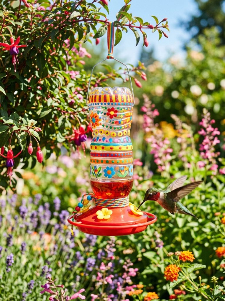 Colorful simple DIY hummingbird feeder made from plastic bottle decorated with bright colors in sunny garden