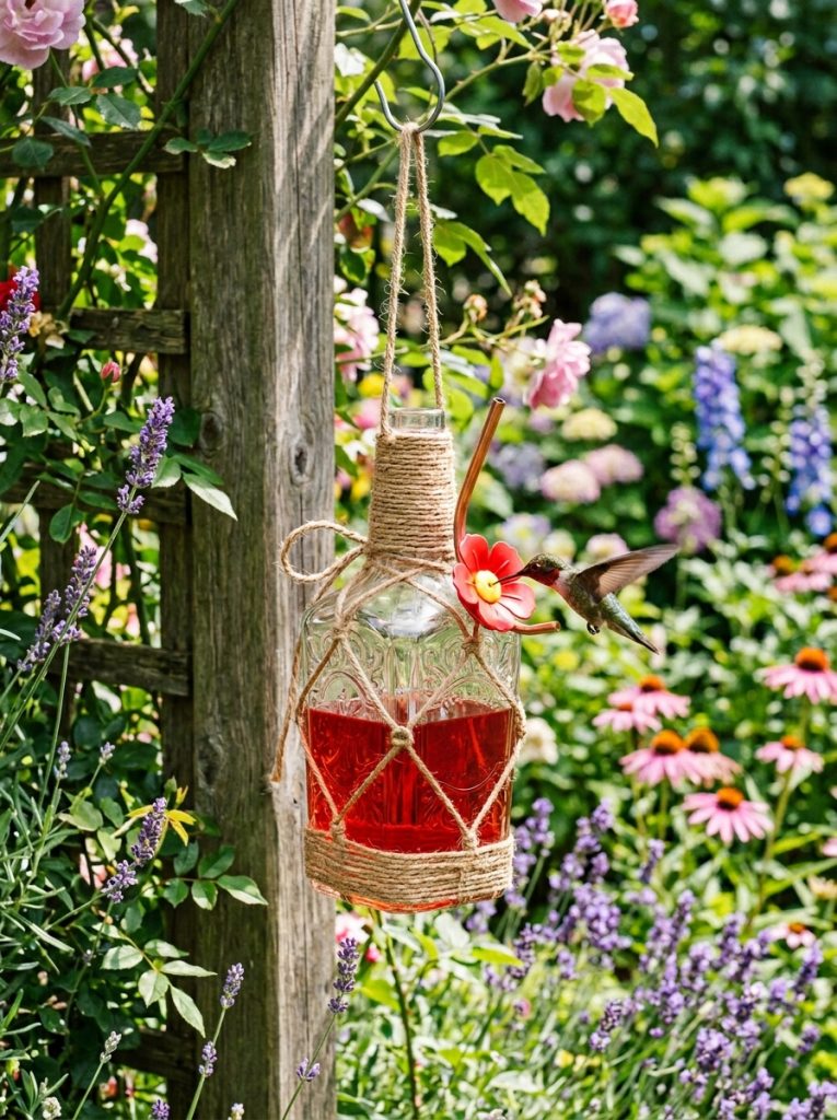 DIY hummingbird feeder from repurposed decorative liquor bottle with feeding tube wrapped in twine in garden