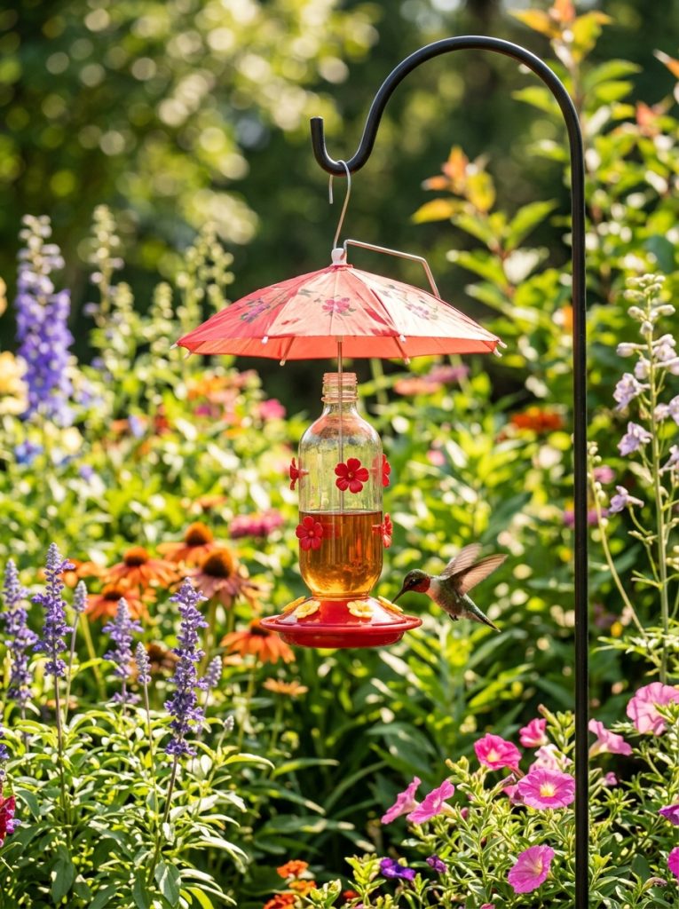 DIY hummingbird feeder with small red umbrella shade cover protecting nectar from direct summer sun