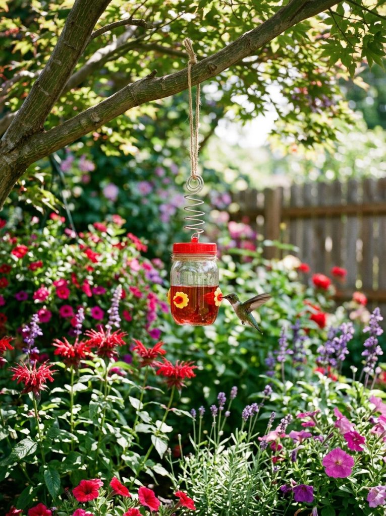 DIY hummingbird feeder hanging in shaded garden spot near flowering plants with dappled light