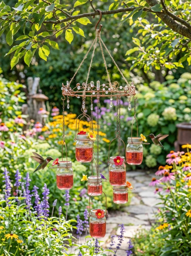 DIY chandelier hummingbird feeder with multiple small mason jars hanging from circular wire frame garden