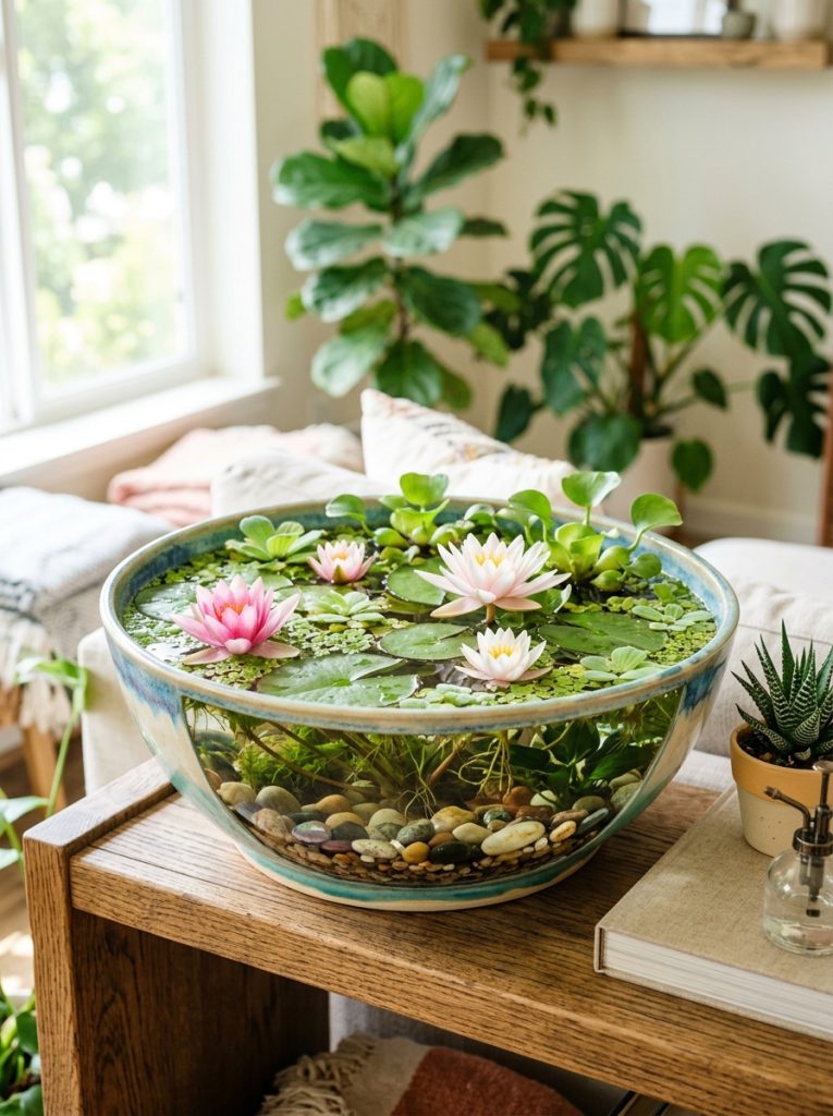 Beautiful indoor bowl mini pond DIY with wide glass ceramic bowl water floating plants lotus flowers and decorative pebbles on table