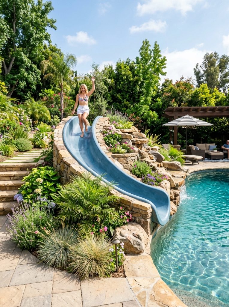 Creative inground pool DIY slide with beautifully integrated structure beside inground pool with surrounding landscaping natural integration