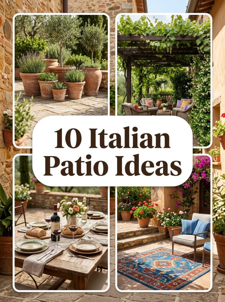Pinterest collage showing 10 Italian patio ideas with terracotta pots pergola rustic table and Mediterranean style