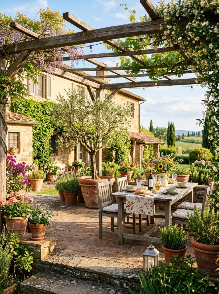 Beautifully styled Italian patio with terracotta pots olive trees wood pergola and rustic dining table sunny backyard