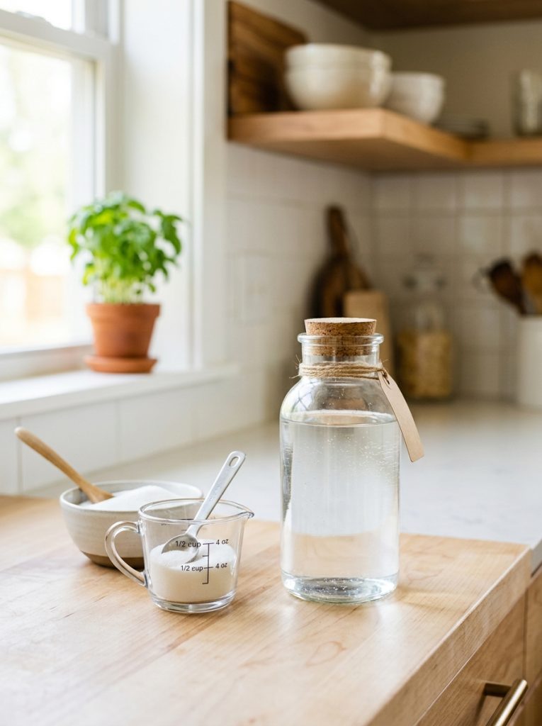 Jar of clear homemade hummingbird nectar beside measuring cup and sugar on bright kitchen counter