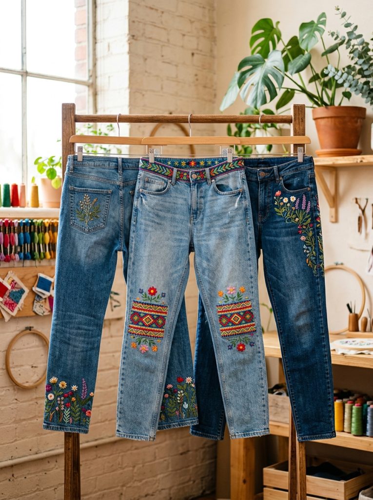 Creative jeans pants embroidery with floral hem botanical pockets creative knee patches and colorful waistband designs displayed beautifully