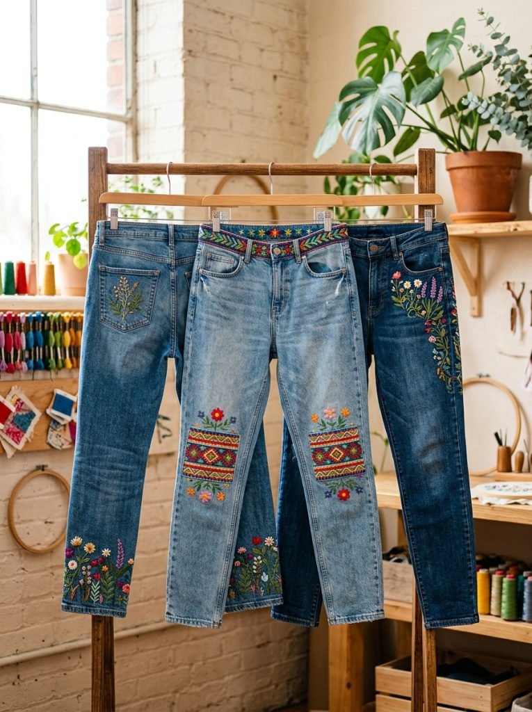 Creative jeans pants embroidery with floral hem botanical pockets creative knee patches and colorful waistband designs displayed beautifully