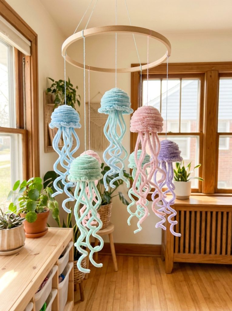 ble jellyfish pipe cleaner crafts with dome-shaped bodies and flowing tentacles in ocean colors hanging as beautiful mobile