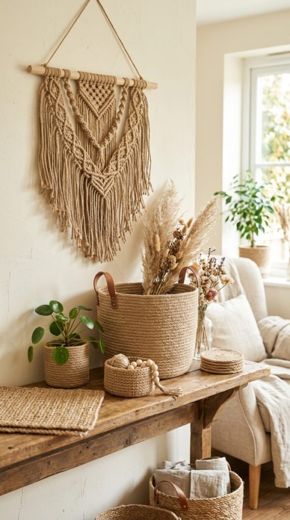 Beautiful rustic jute fabric craft creations with jute rope and burlap as baskets wall hangings planters and home decor 