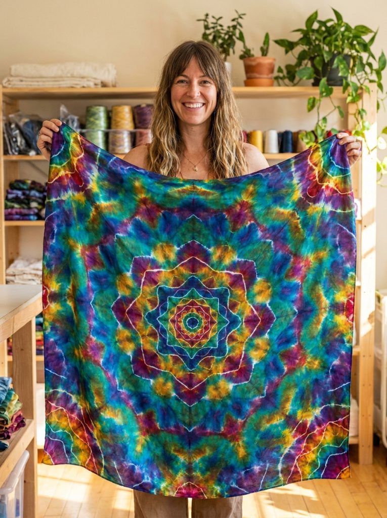 Stunning kaleidoscope tie dye pattern with perfect radial symmetry multiple colors in beautiful geometric kaleidoscope formation