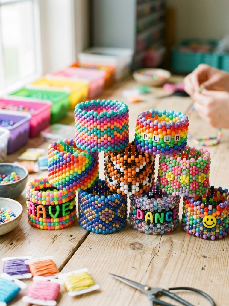 Beautiful kandi cuff ideas with geometric pattern word animal and abstract multi-row designs showing impressive kandi cuff structure