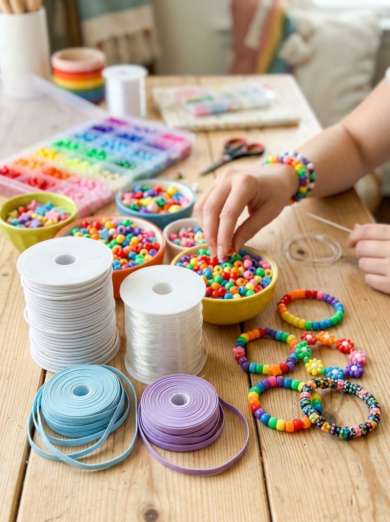  Kandi elastic string with colorful pony beads and completed bracelets showing essential stretch material for comfortable kandi 
