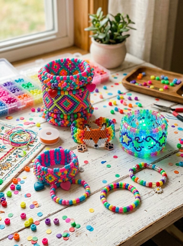 Beautiful kandi ideas display with patterned single bracelet geometric cuff cute animal glow piece and matching set on bright craft surface