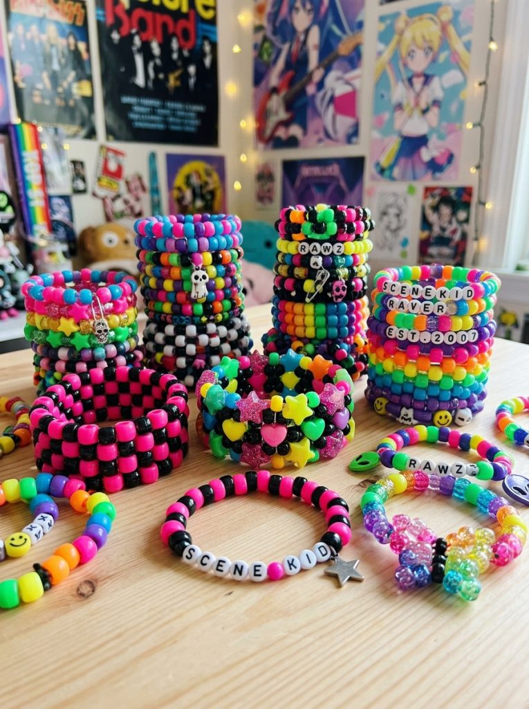 Cool scene aesthetic kandi with neon colors star heart patterns Y2K arrangements and classic scene palettes in retro collection