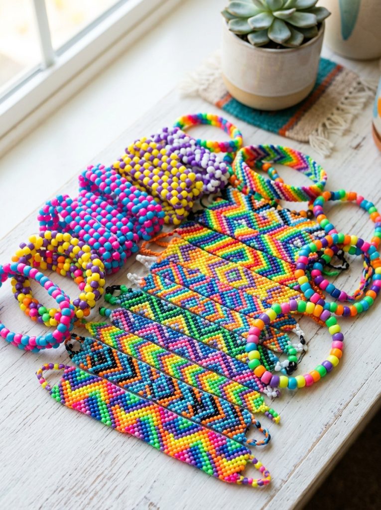 Beautiful kandi pattern ideas with checkered striped diamond and geometric repeat designs in bright colorful pony beads collection 