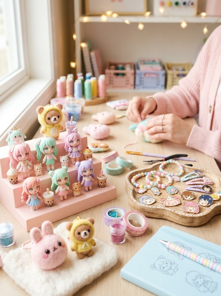  Kawaii anime-style DIY craft creations with chibi characters and anime kawaii figures in bright and pastel anime colors