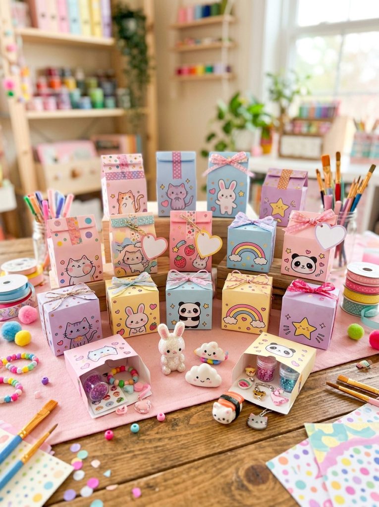 Adorable kawaii blind bag DIY craft mystery boxes in pastel kawaii designs with surprise contents assembled and decorated