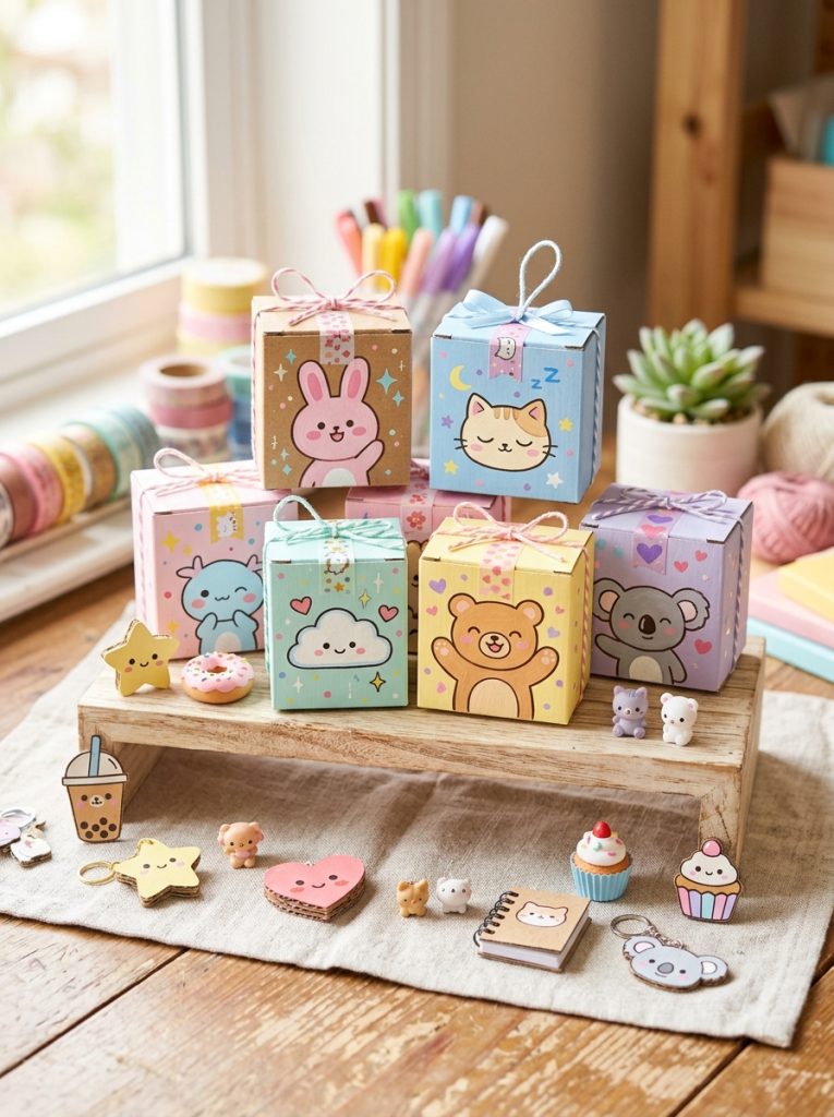 Adorable kawaii DIY crafts from cardboard with boxes decorated in pastel kawaii character designs as packaging blind bags and miniatures