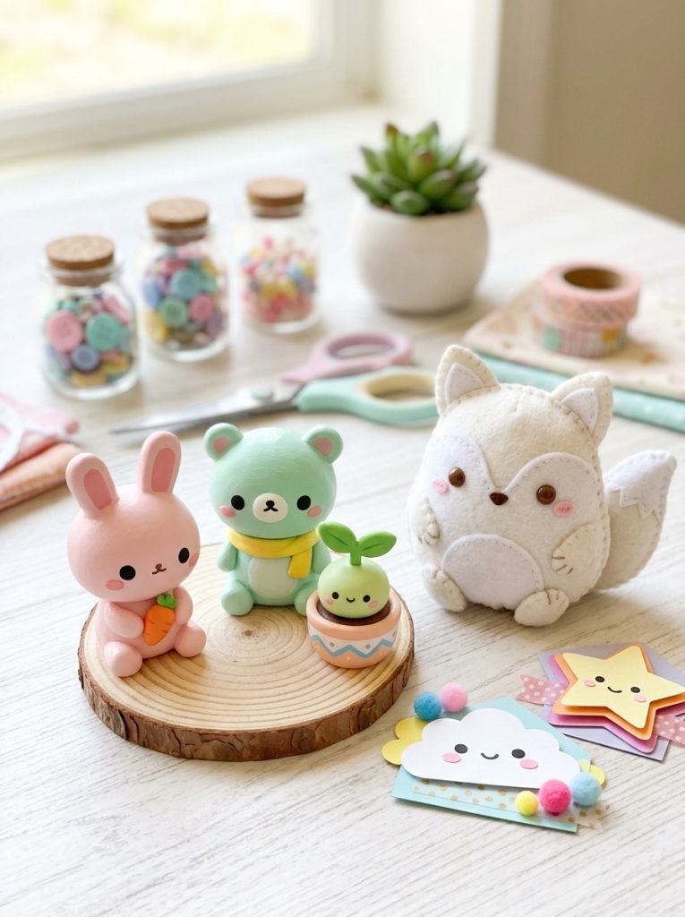  Adorable kawaii character DIY craft creations in clay paper and fabric with oversized heads sweet expressions and pastel colors 