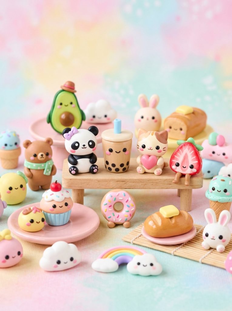adorable kawaii clay DIY crafts with tiny food items animals and sweet treats in oversized head pastel style displayed 