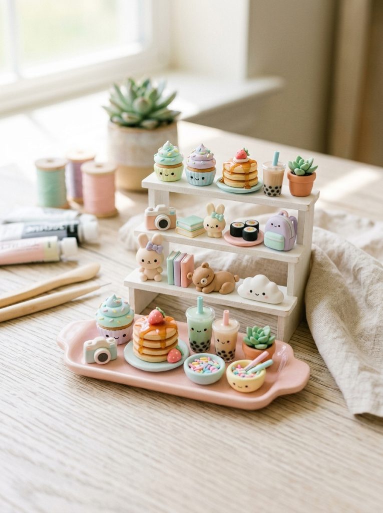 Beautiful easy clay kawaii DIY craft miniatures with tiny food items characters and accessories in pastel colors with sweet expressions 