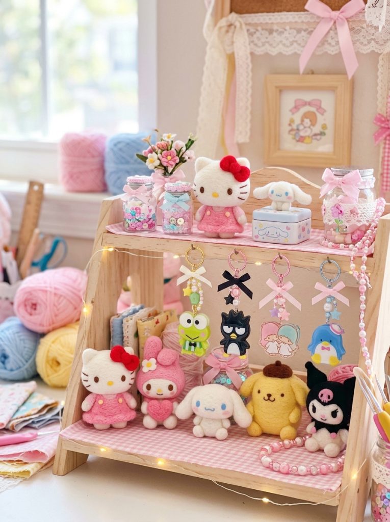 Adorable Sanrio-inspired kawaii DIY craft creations with character figures keychains and decorative pieces in pink white pastel palette 
