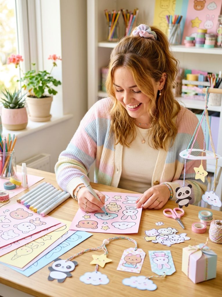  Kawaii DIY craft printable templates on pastel paper being colored cut and assembled into finished kawaii character creations