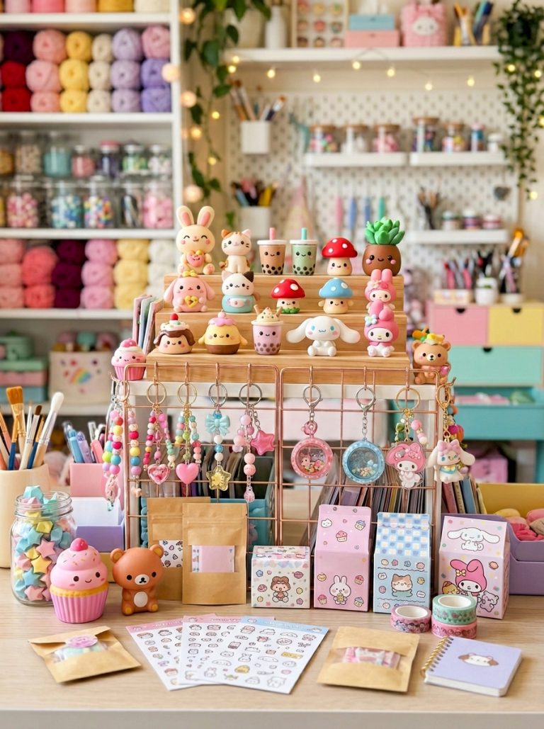 Beautiful kawaii DIY crafts display with clay characters paper crafts squishies keychains blind bag boxes and Sanrio pieces on pastel table