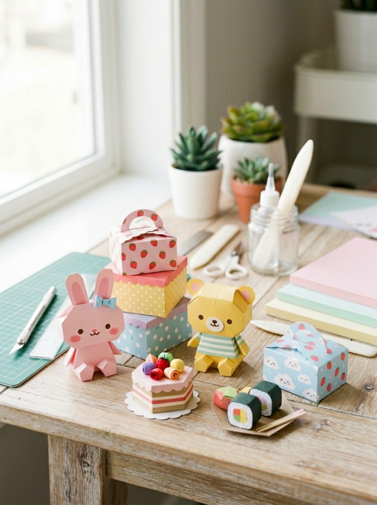 Kawaii DIY crafts made with no tape using precise folding and glue showing clean beautiful results without visible tape 
